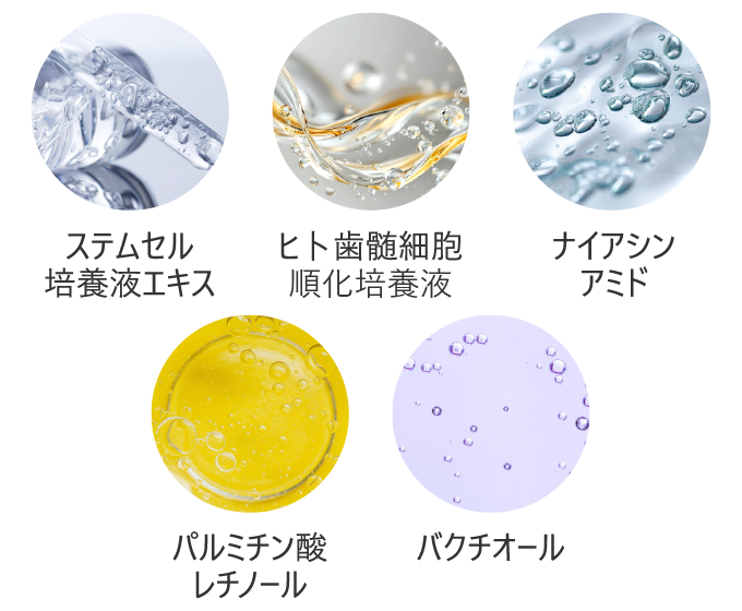 「ステムセル培養液エキス」「ヒト歯髄細胞順化培養液」「ナイアシンアミド」「パルミチン酸レチノール」「バクチオール」