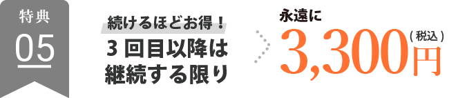 続けるほどお得！継続する限り3回目以降は→永遠に3,300円（税込）